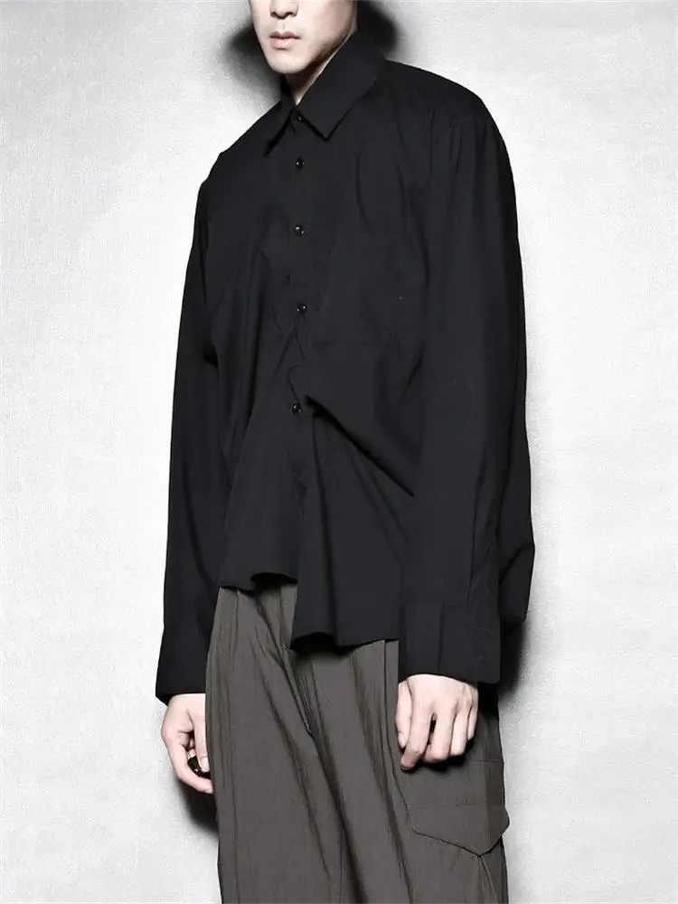 Men's Long-Sleeve Shirt Spring And Autumn New Personality Asymmetric Folding Design Fashion Show Large Size Shirt