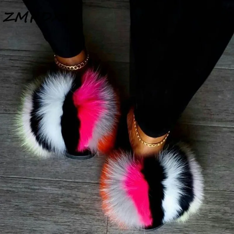 Women Fur Slides Real Fox Fur Slippers Rainbow Plush Furry Fur Flip Flops Fashion Ladies Comfortable EVA Flat Fluffy Fur Shoes