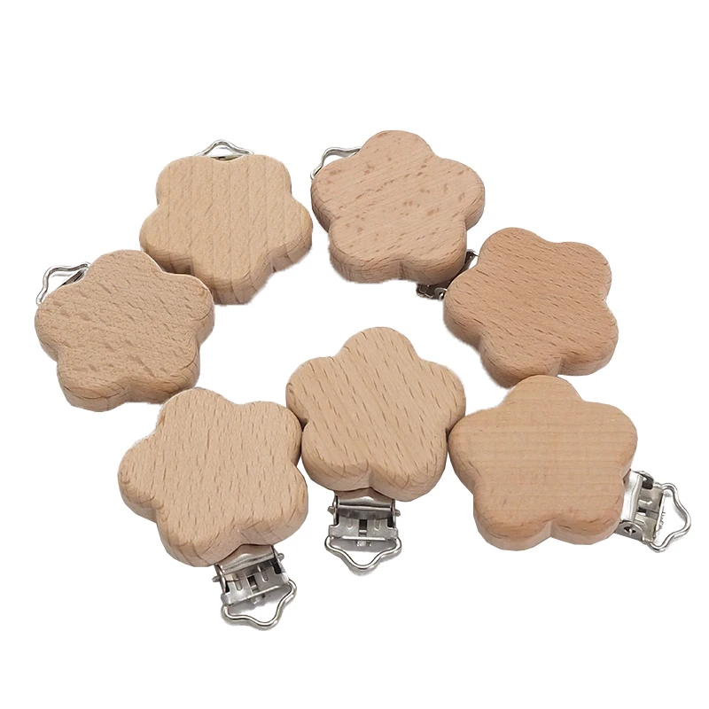 Chenkai 50PCS Wood Flower Pacifier Clip Nature Baby Rattle Teether Grasping Toy DIY Organic Eco-friendly Wood Teething Accessory