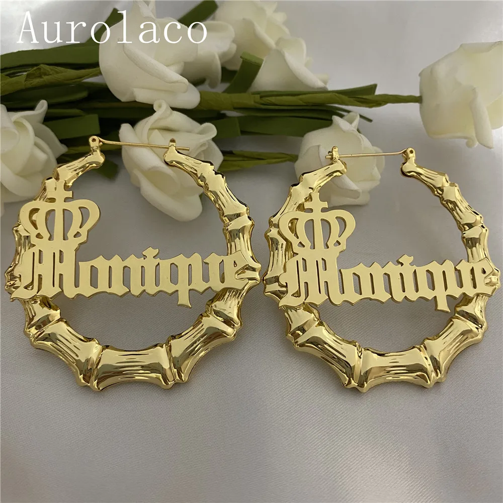 AurolaCo Custom Name Earrings Personalize Stainless Steel Round Bamboo Earrings Gold Choker Necklace Set For Women Jewelry Gifts