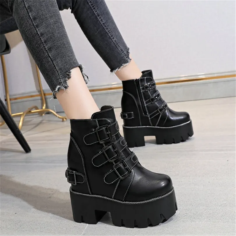 Fashion Sneakers Women Genuine Leather Chunky High Heels Motorcycle Boots Female Round Toe Platform Pumps Shoes Punk Creepers