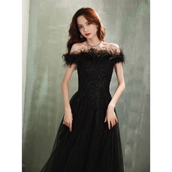 Vestido De noche negro con hombros descubiertos, malla De plumas, ajustado, elegante, largo, Formal