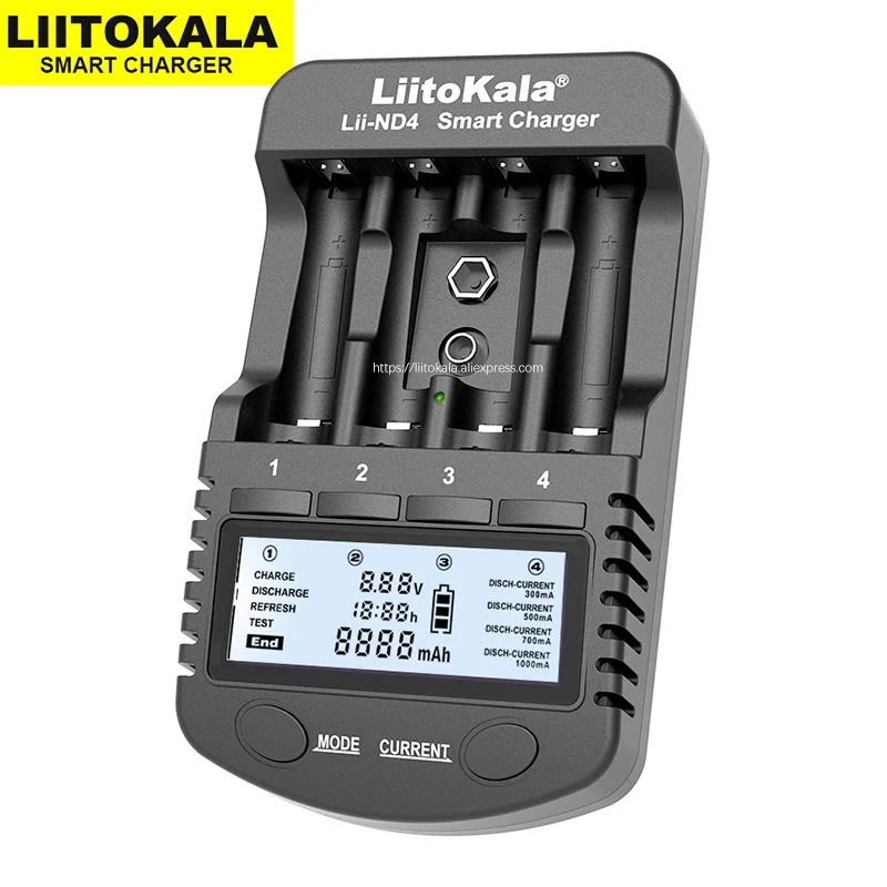 LiitoKala Lii-ND4 NiMH/Cd charger aa aaa charger LCD Display and Test battery capacity For 1.2V aa aaa and 9V batteries.