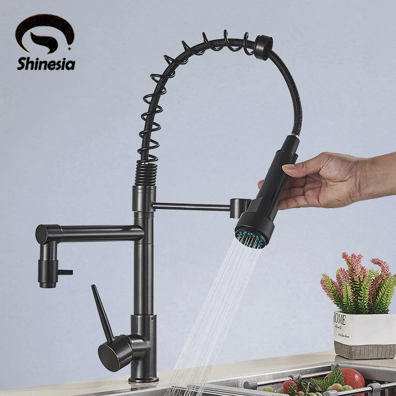 Shinesia Black Kitchen Faucet Pull Out Sink Deck Mount Dual Spout Spring Mixer Tap Hot and Cold Water 25 Types