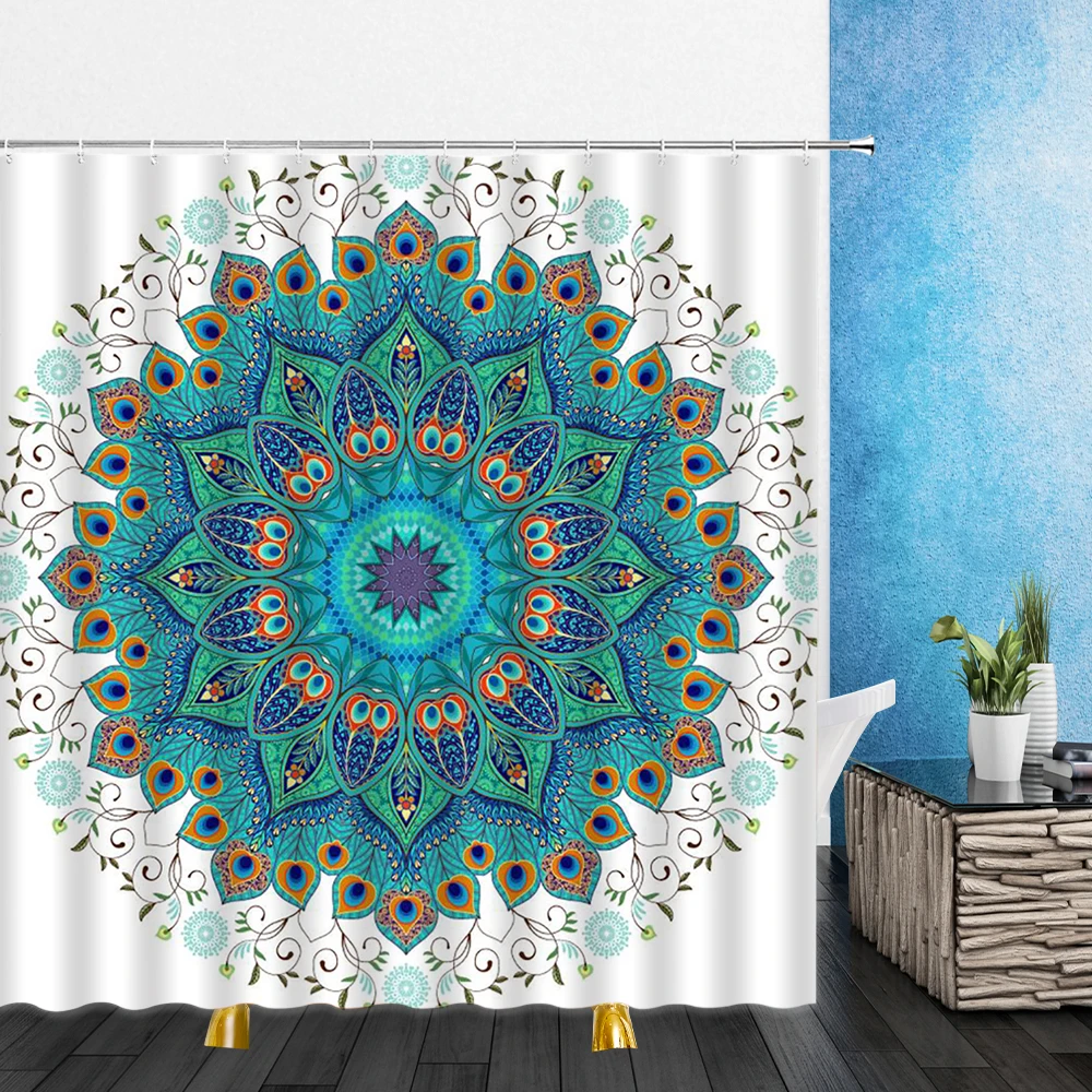 Mandala Pattern Shower Curtains Feather Bird Hair Round Geometry Figure 3D Waterproof Bathroom Decor Bathtub Polyester Curtain