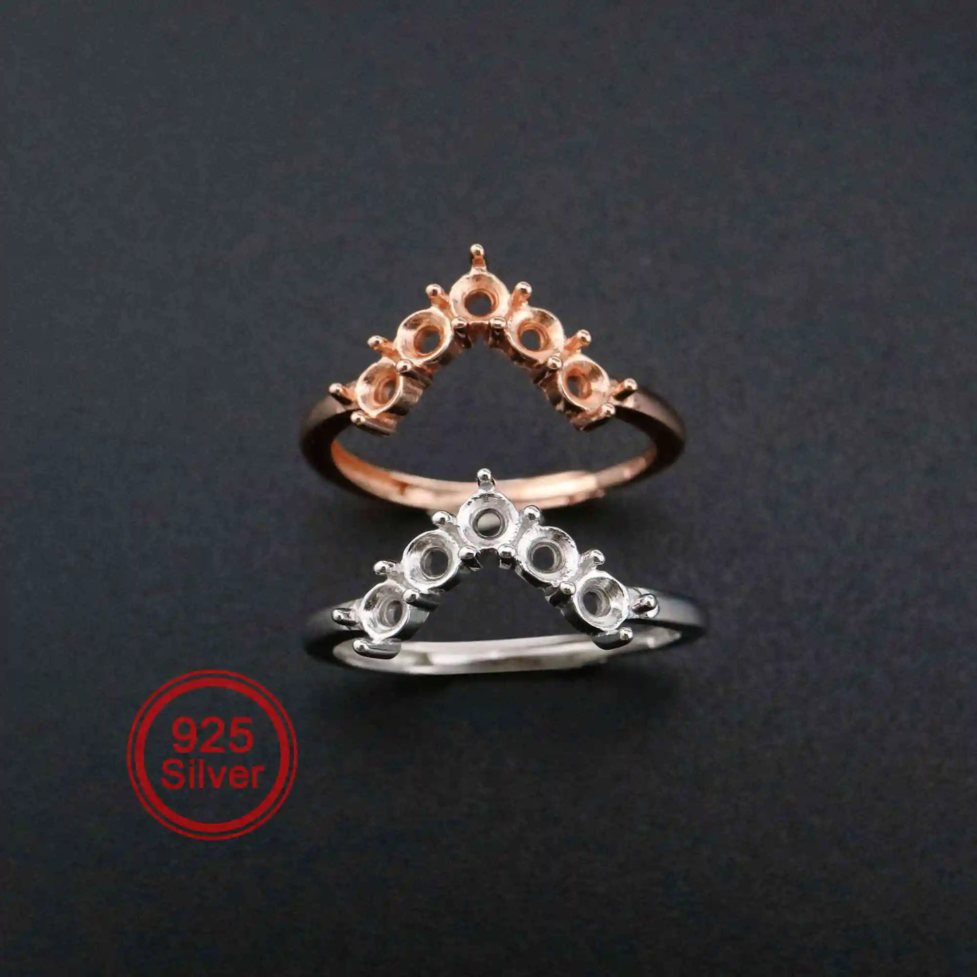 

3MM Round Curve 5 Stones Rose Gold Plated Solid 925 Sterling Silver DIY Stackable Adjustable Prong Ring Settings Blank 1210067