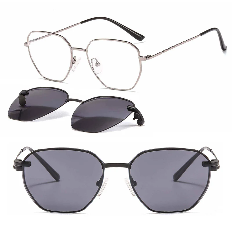 

metal clip on sunglasses 33075 hexagon shield trendy prescription glasses with clip on polarized sunglasses lenses for ladies