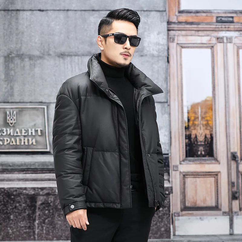 Men Winter Casual Genuine Leather Down Jacket Stand Collar Thick Short Cowhide Overcoat Outdoor Warm Single Breasted Down Coat