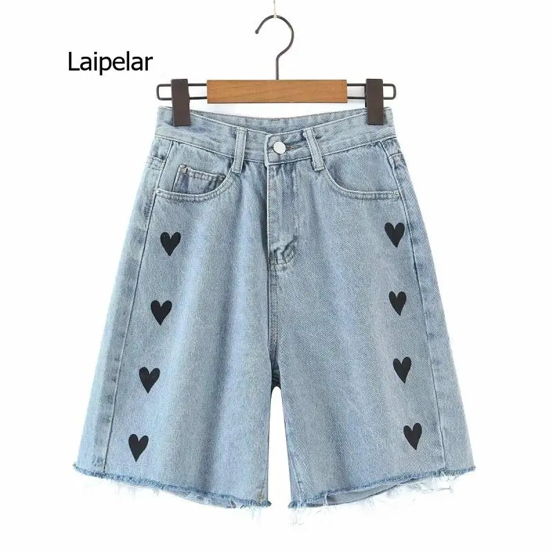 2021 New Love Pattern Print Denim Women's New High Waist Half Length Jeans Shorts Hot Summer Girl Street Wear