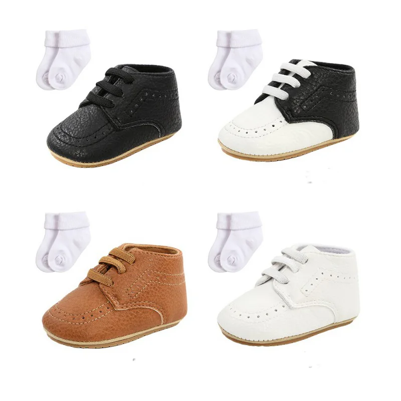 2Pcs Toddler Newborn Baby Boys Girls Causul Shoes Lace-up Soft Sole  Non-slip First Walkers +Socks 0-18M