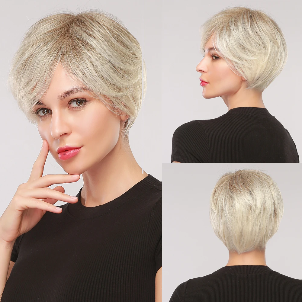 Gemma Korte Golvend Bob Gemengd Bruin Blond Highlight Synthetische Pruik Met Pony Voor Vrouwen Natuurlijke Pixie Cut Hittebestendige Valse haar