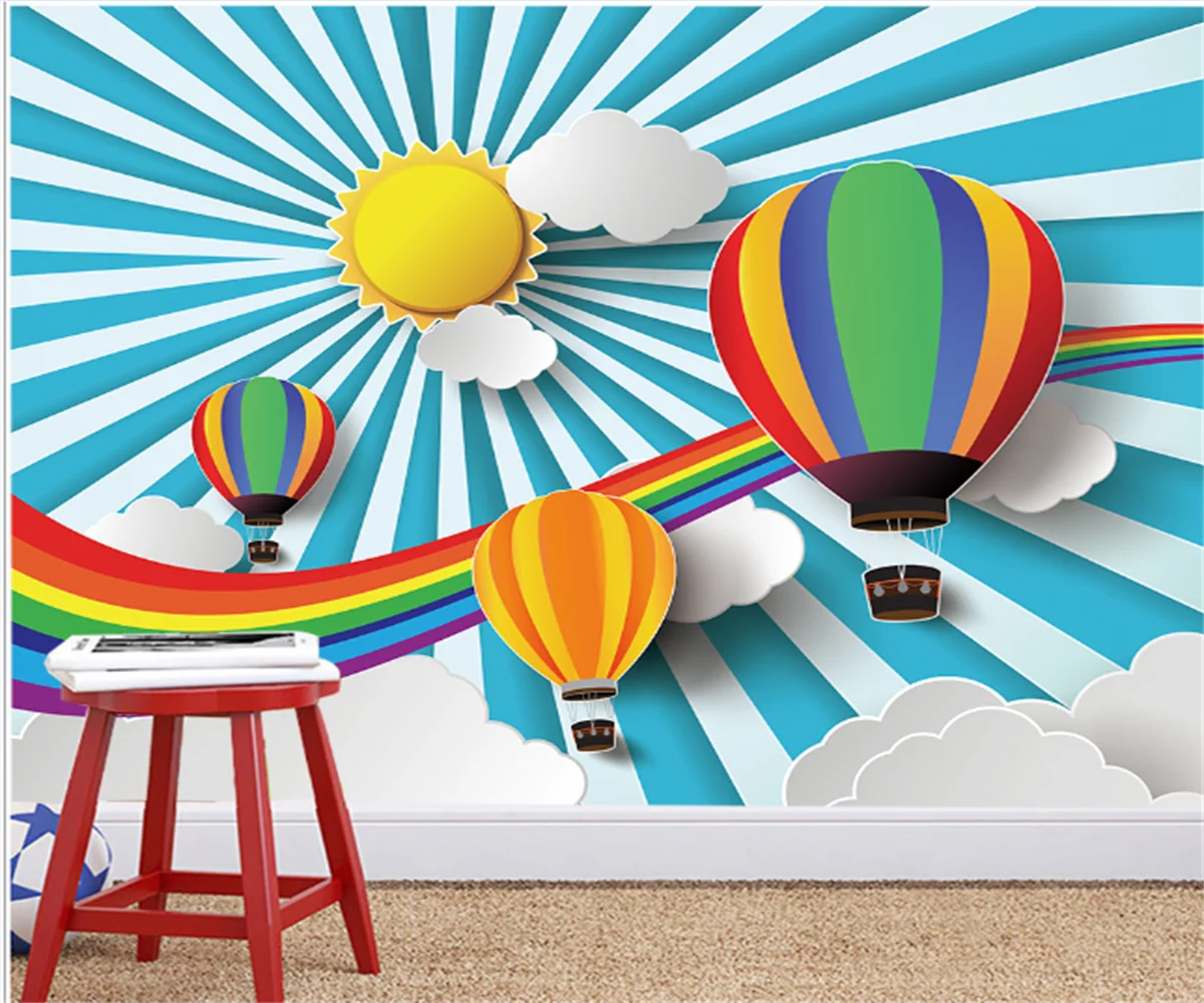 

Customize 3D any size children's room wallpaper mural Nordic style sun clouds grass hot air balloon wallpaper stickers papel