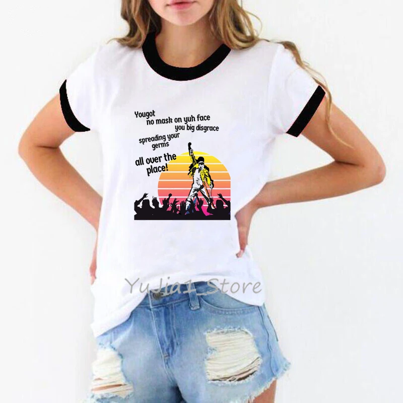 Funny Freddie Mercury t shirts Femme Ullzang tshirt Women Female t-shirt Queen Band Aesthetic clothes Summer Casual lady Graphic