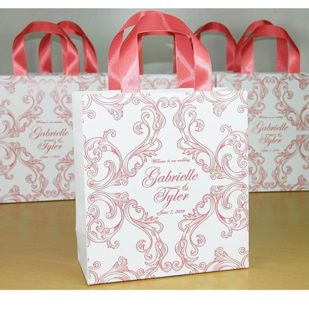 Personalized Wedding Welcome Bags with  satin  ribbon  stylish ornate  and your  names  cutom  Elegant  Wedding Gifts for guests