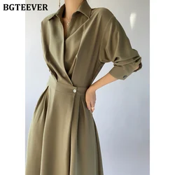 BGTEEVER Stylish Chic Turn-down Collar Women A-line Dress 2022 Spring Long Sleeve Slim Waist Female Dress Ladies Vestidos