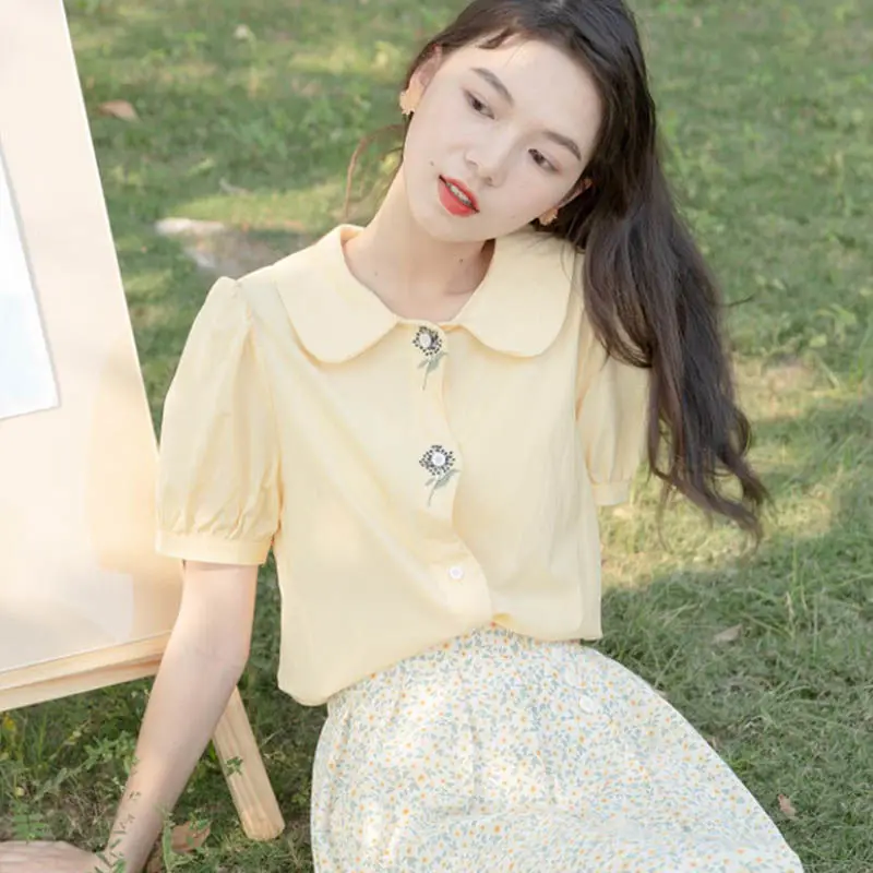 Shirts Women Retro Camisas Mujer Tops Peter Pan Collar Lovely Embroidery Ins Puff Sleeve Lightweight Prairie Chic Summer Clothes