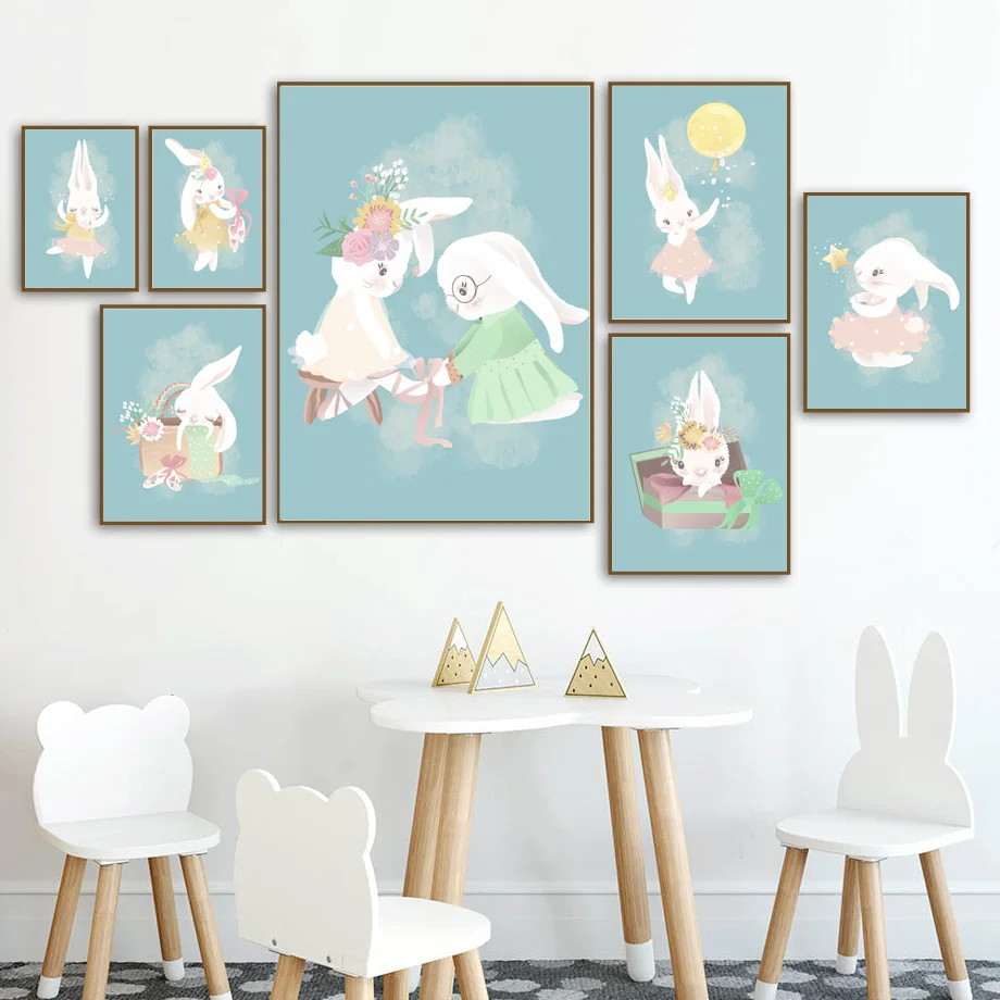 Cute Rabbit dance Star balloon Flower Nursery Wall Art Canvas Painting Nordic Posters And Prints Wall Pictures Kids Room Decor