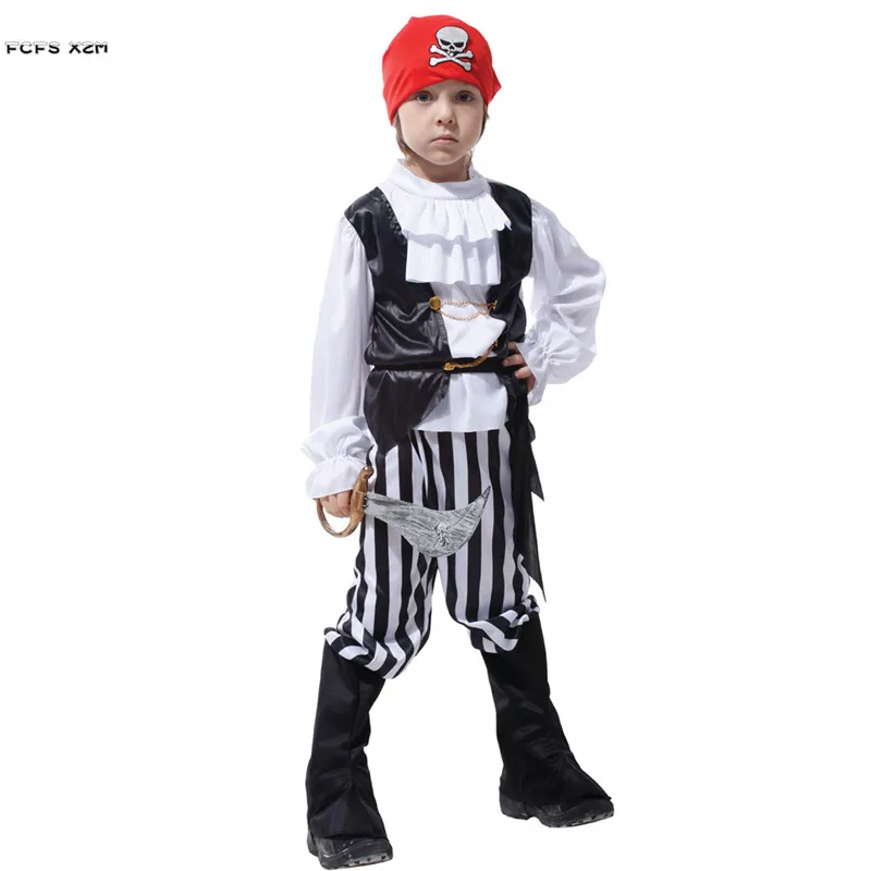 Boys Halloween Skull Robber Costumes Kids Children Pirates Of The Caribbean Cosplay Carnival Purim Stage Role Play Party Dress