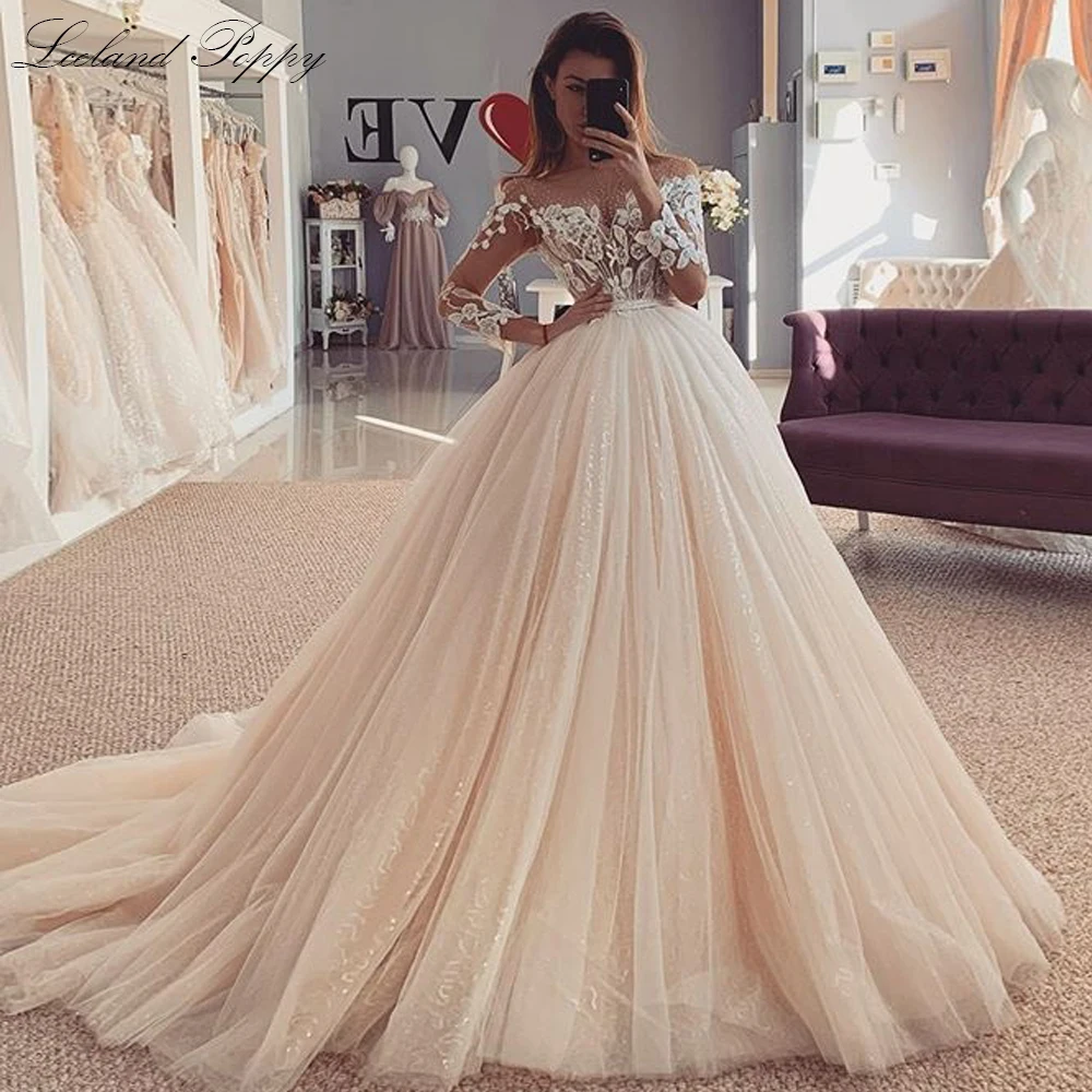 Lceland Poppy Elegant A-line Beaded Tulle Wedding Dress Vestido de Noiva Long Sleeves Floor Length Sequined Bridal Gowns