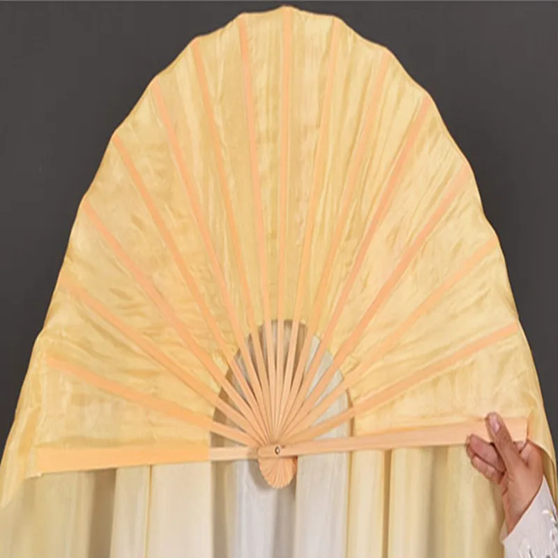 Real Silk Veil 1 Pai Yangko Dancing Fan Bamboo Ribs Two Layers Half Moon Extra Long Flowy Dancer Performance Props Beige Gold