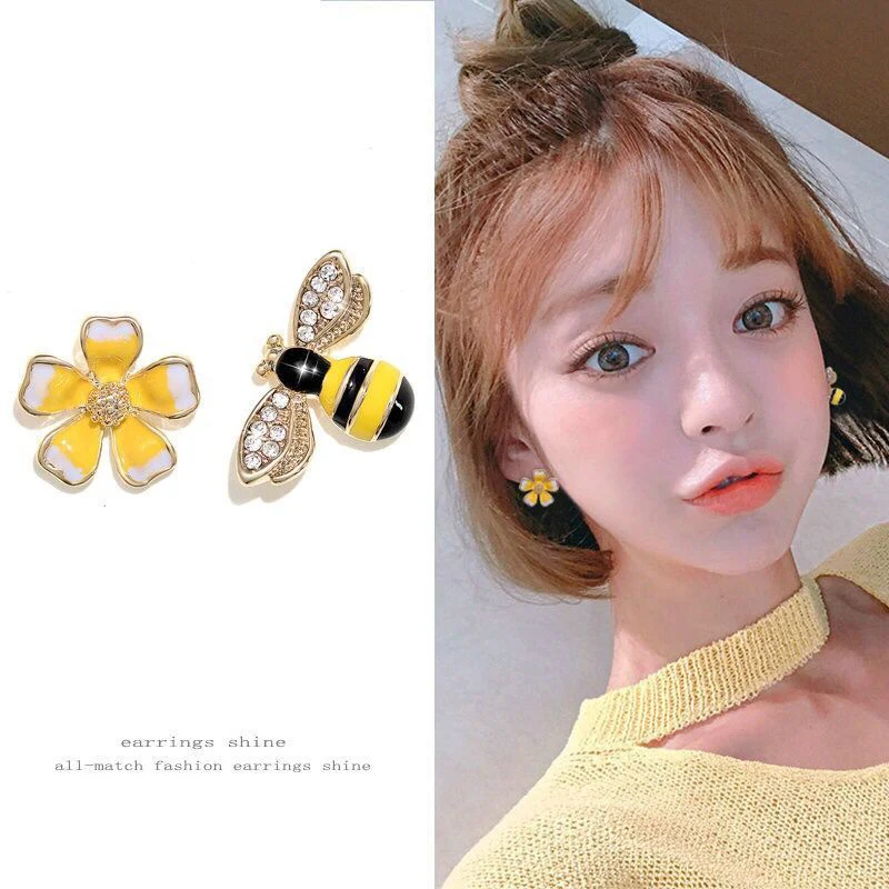 Lovely Asymmetric Drip Oil Bee Flower Earrings for Women Girl Korean Style Earring boucle d\'oreille Trendy Jewelry