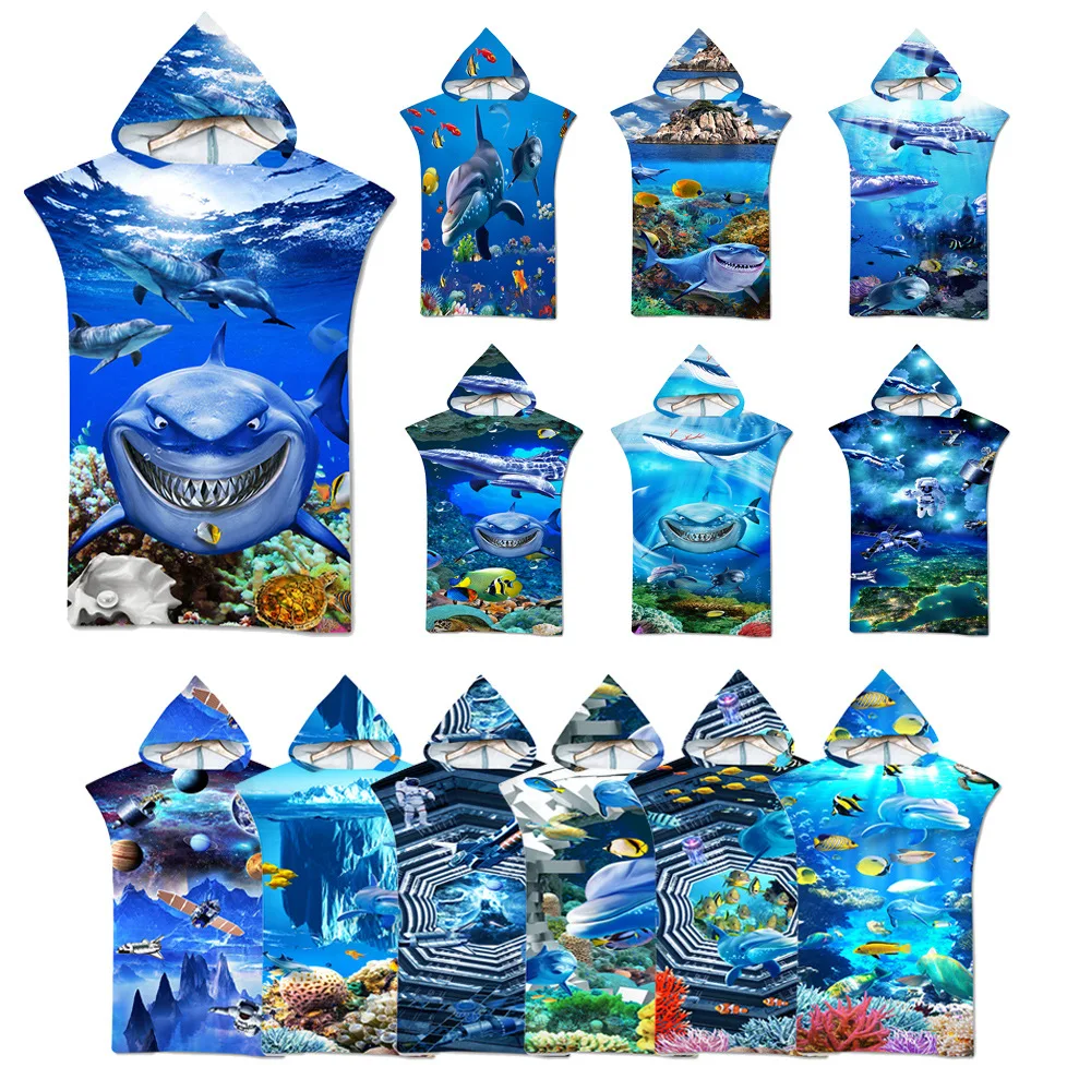 Underwater World Shark Microfiber Beach Towel Quick-Drying Bath Towel Customizable Adult Children Changing Bathrobe Surf Poncho