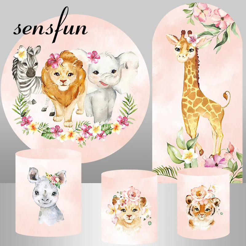 Safari Jungle Party Round Backdrop Cover Baby Animals Lion Elephant Zebra Giraffe Kids Birthday Party Background Plinth Covers