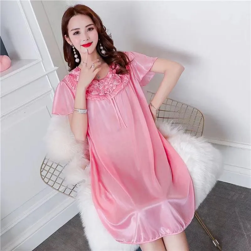 Women Nightgowns Sexy Satin Silk Soft Nightwear Plus Size S-XL Lace Sleepwear Dress Sexy Lingerie Robe Mini Homedress Nightdress