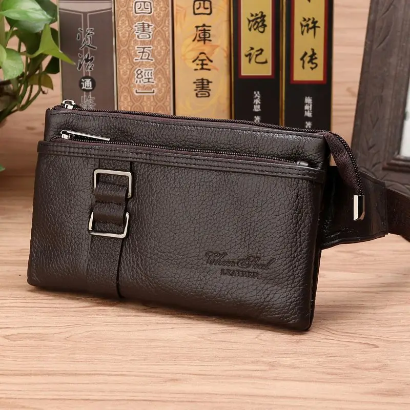 Natural Skin Male Chest Funny Pack Belt Bag Cell/Mobile Phone Pouch Thin Purse Money Travel Pouch Men Genuine Leather Waist Bag