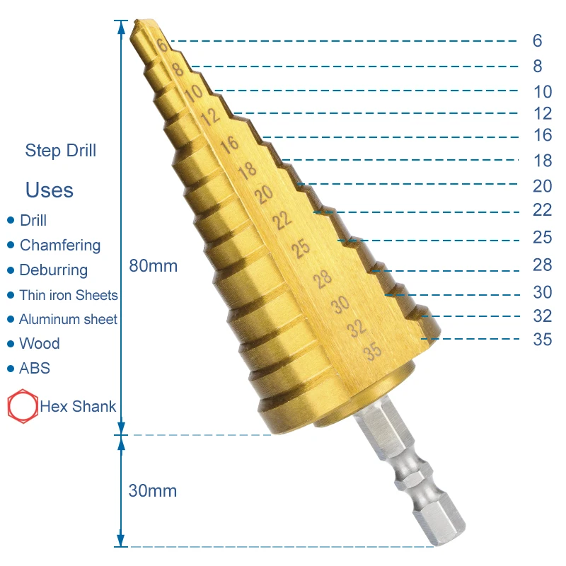 CMCP paso taladro de cono 4-22 6-35mm de la broca de taladro paso vástago hexagonal de titanio recubierto cono para perforación herramienta HSS de