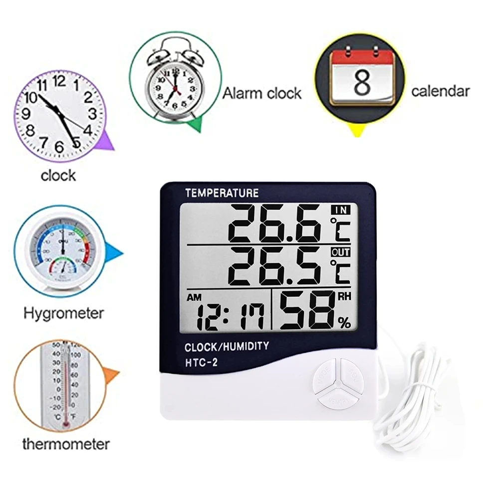 Nuevo LCD electrónico Digital temperatura humedad medidor termómetro higrómetro interior exterior estación meteorológica reloj HTC-1 HTC-2