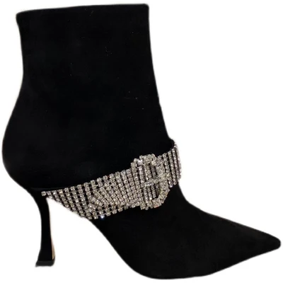 

Street Wear pointed toe rhinestone women's boots black suede silver buckle short ankle sock boots kitten high heels botas woman