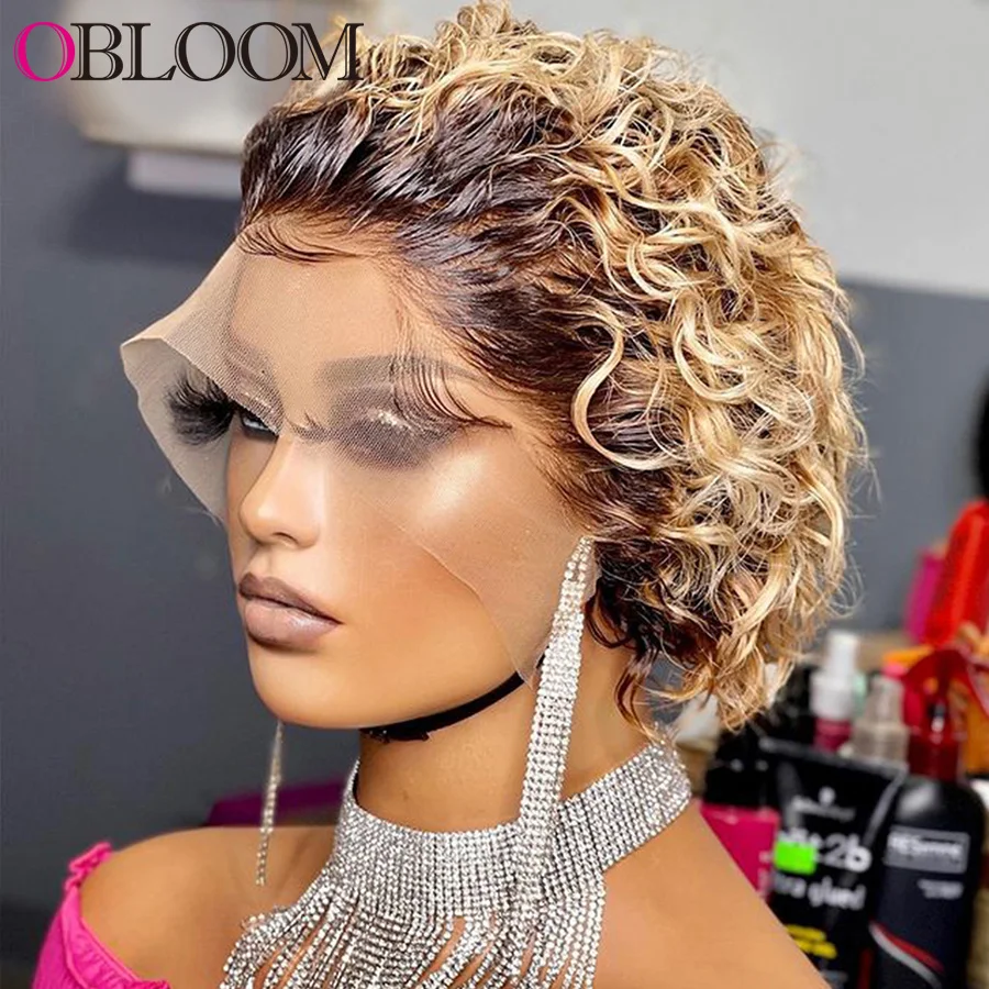 

Short Curly Pixie Wig Honey Blonde 13x2 Lace Front Human Hair Wigs 250% Short Bob Wig Brazilian Wig for Women Pre plucked Remy