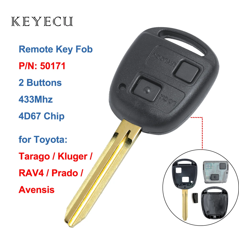 

Keyecu Remote Key FOB 2 Button 433MHz 4D67 Chip For Toyota Prado Avensis Tarago 120 RAV4 Kluger 2003-2009 Uncut Blade TOY43