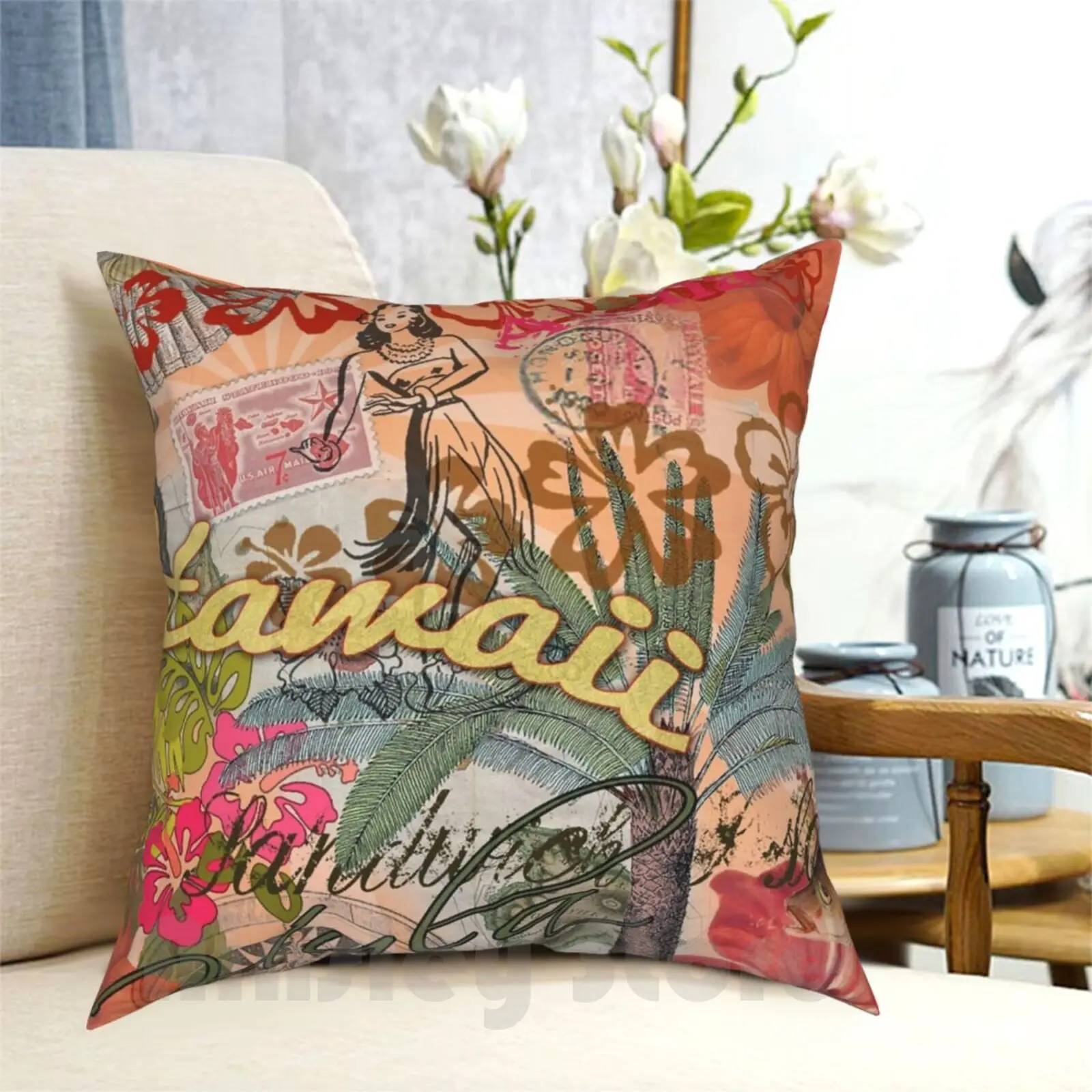 Vintage Hawaii Travel Colorful Hawaiian Tropical Collage Pillow Case Printed Home Soft Throw Pillow Doodlefly Travel