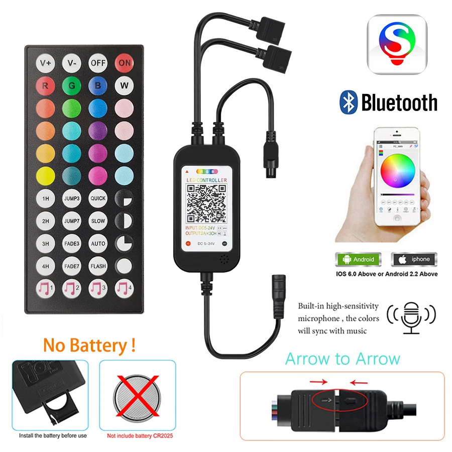 Controlador de tira LED con micrófono incorporado, Control de sincronización de música para cinta de lámpara SMD 5050 2835, Bluetooth, RGB, DC 5-24V