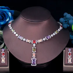 ThreeGraces Elegant Multicolor Cubic Zirconia Long Geometric Necklace and Earring Wedding Party Jewelry Set for Brides T0635