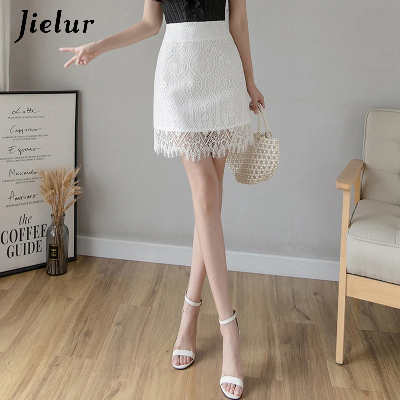 Jielur Lace Women Skirt Solid Color Slim High Waist Saia Faldas New Korean Chic Zipper Mini Skirt Summer Skirts Womens Autumn