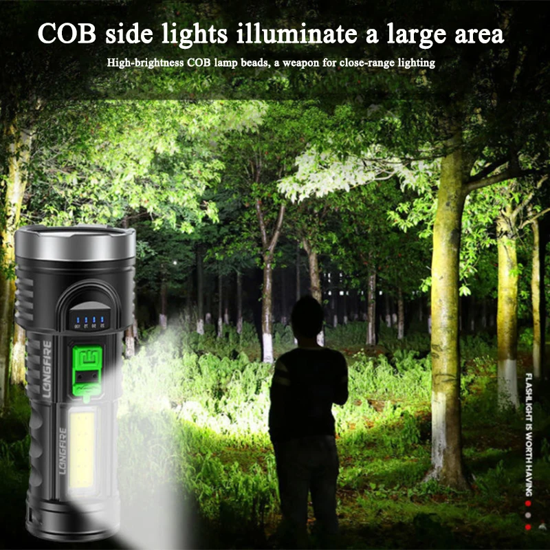 High Power Four-cell LED Flashlight USB Rechargeable Powerful LED Flashlight Camping Super Bright Flashlight 4-core COB Light