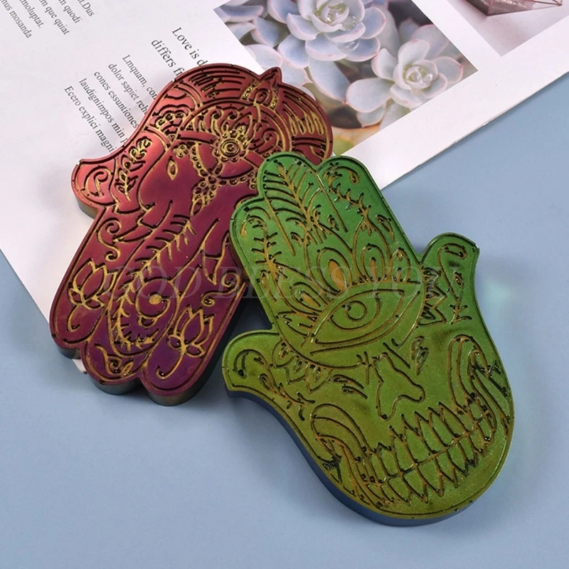 Khamsah Hamsa Hand Coaster Epoxy Resin Silicone Mold Fatima Hand Tray Resin Casting Mold Elephant in the Palm Soap Mold