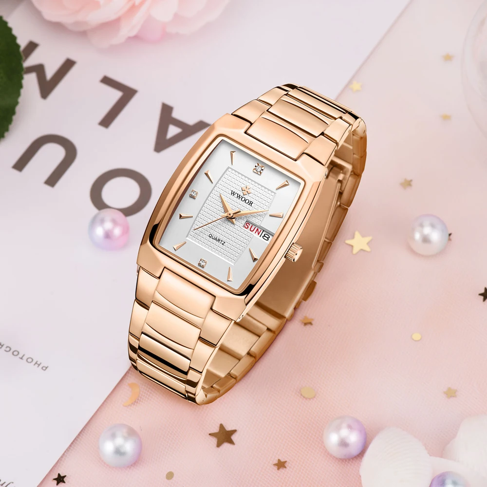 WWOOR Luxury Square Women’s Watches Dress Ladies Watch Waterproof Stainless Steel Quartz Wristwatch Women Date Clock Reloj mujer