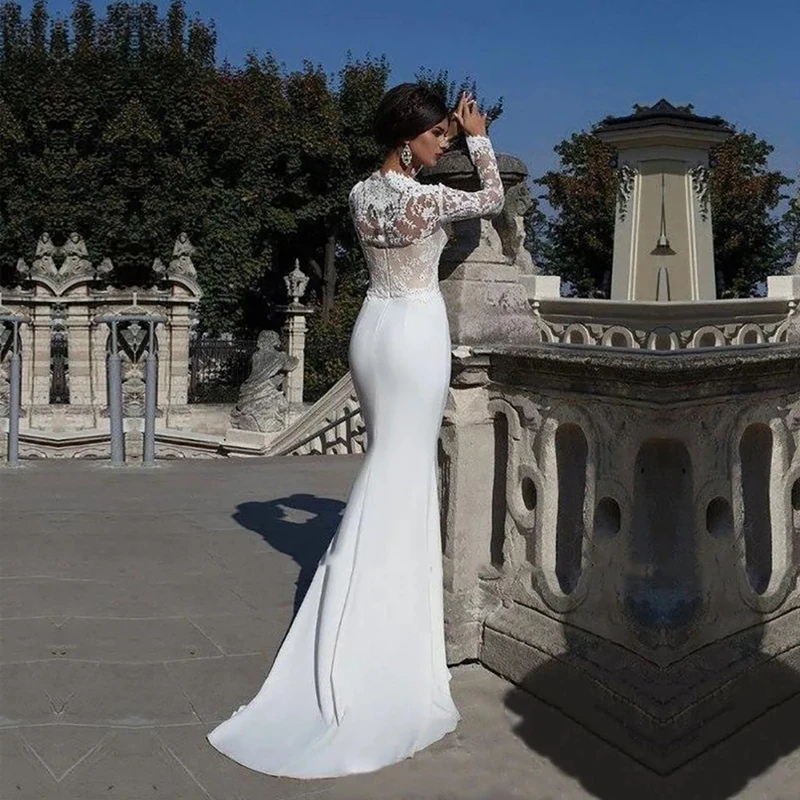 Abiti da sposa a sirena a maniche lunghe in pizzo Sexy con applicazioni in raso elastico del treno abito da sposa per donna abito bianco De Mariee