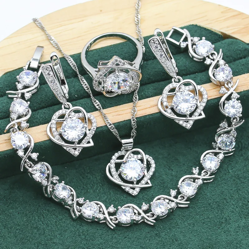 Heart Shaped 925 Silver Jewelry Sets For Women Birthday White Topaz Bracelet Earrings Necklace Pendant Ring Christmas Gift 4PCS