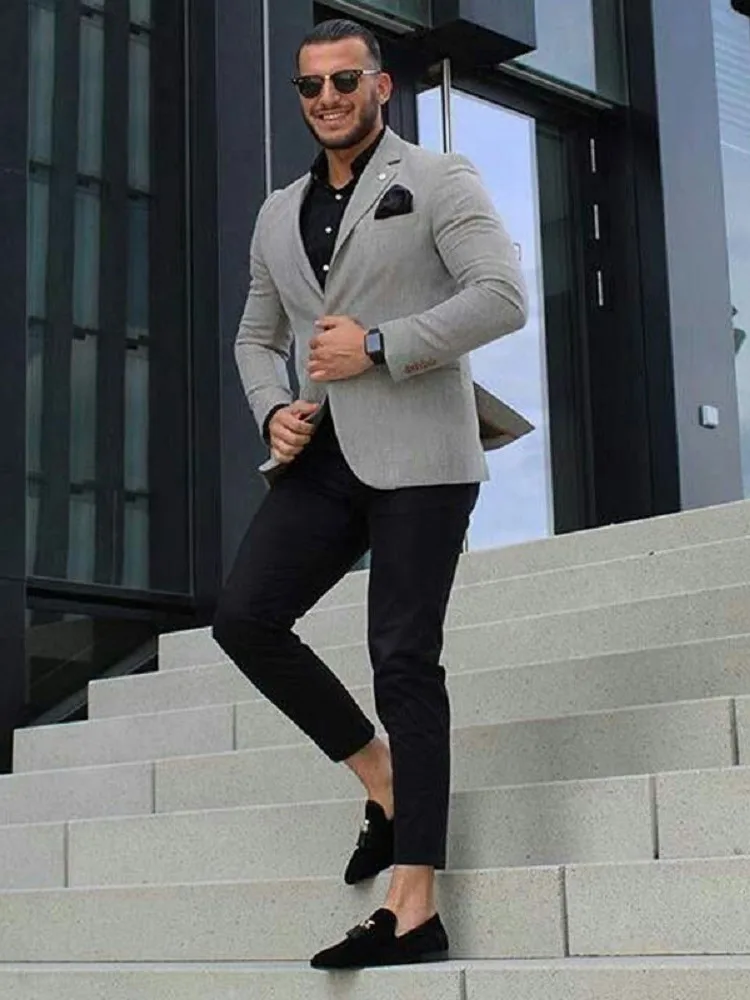 2023 Costume Homme Casual Grey Men Suits Business Men Blazers Male Groom Wear Slim Fit Tuxedo Wedding Suits 2 Pieces Jacket Pant