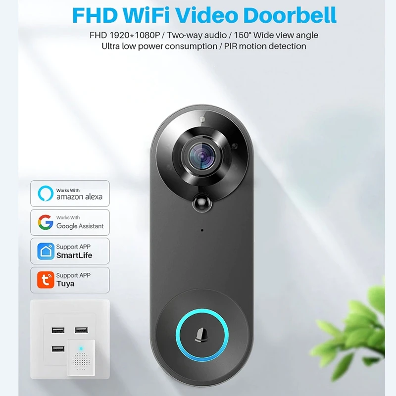 FHD WiFi Video Doorbell 1080P Two Way Audio Wide Angle Peephole PIR Motion Detection Tuya App Wireless Home Security Door Viewer