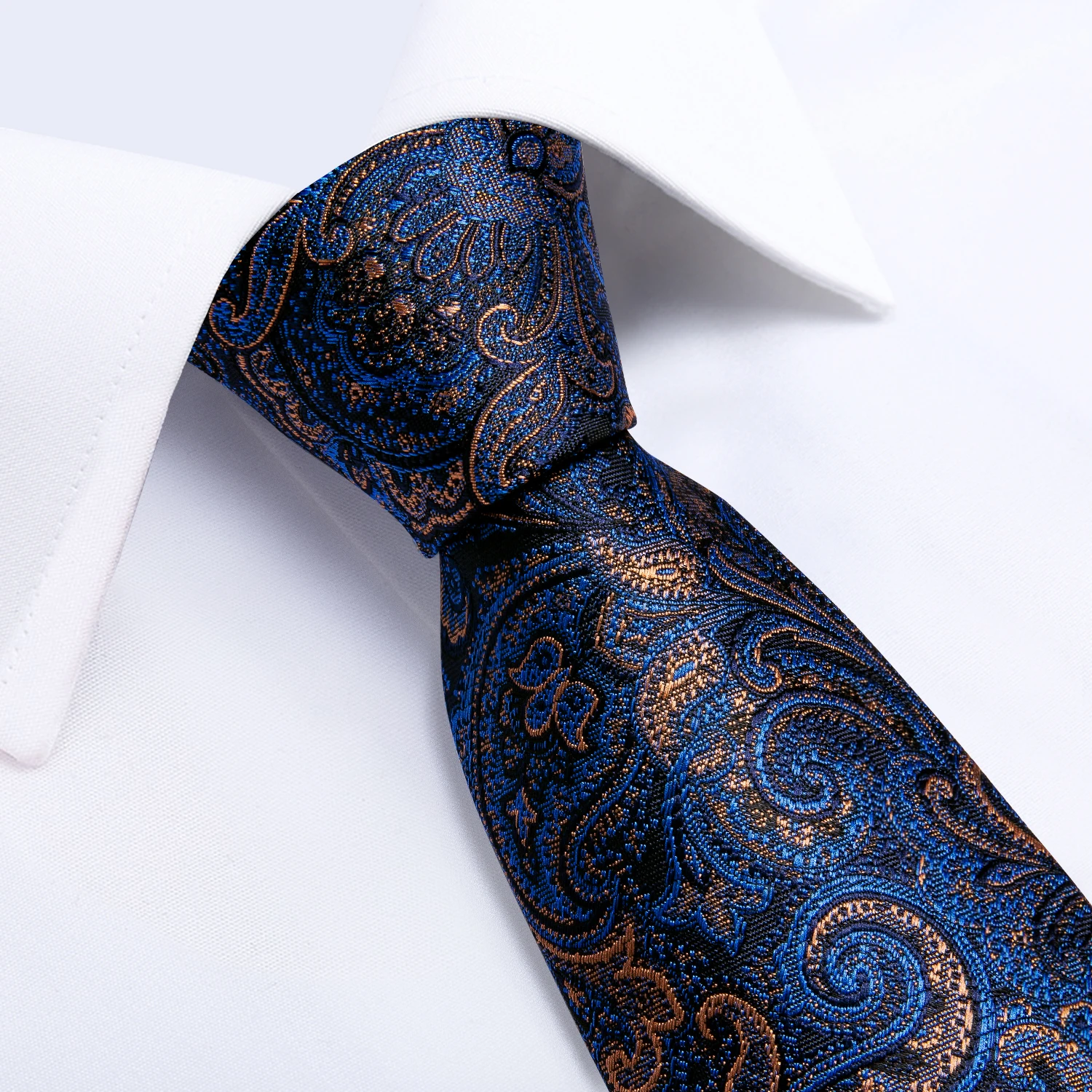 Luxuriöse Blau-Gold Paisley-Krawatten für Herren, Business-Hochzeits-Krawattenset mit Krawattenring, Brosche, Manschettenknöpfen und Einstecktuch – Detail 14