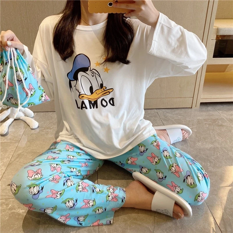 Girl Daisy Printed Disney Spring and Autumn Bag Pajamas Women Cute Cartoon Long Sleeve Long Pants Homewear Set Pajamas