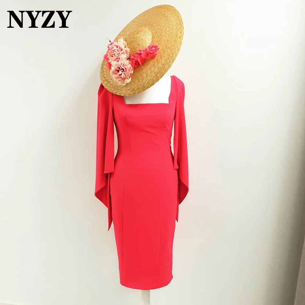 M380 NYZY Cape Long Sleeves Tea Length Mother of the Bride Dresses 2021 Red Wedding Party Dress Evening Gowns Robe de Cocktail