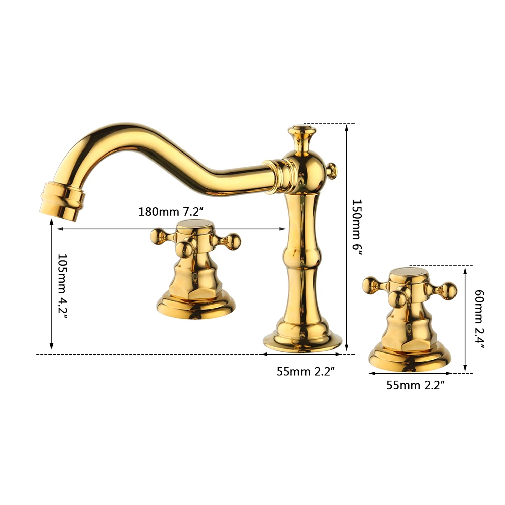 Torayvino Bathroom Bathtub Retro Spout Golden Polished 3 Pieces Basin Sink Brass Faucets Deck Mounted Cold & Hot Water Mixer Tap