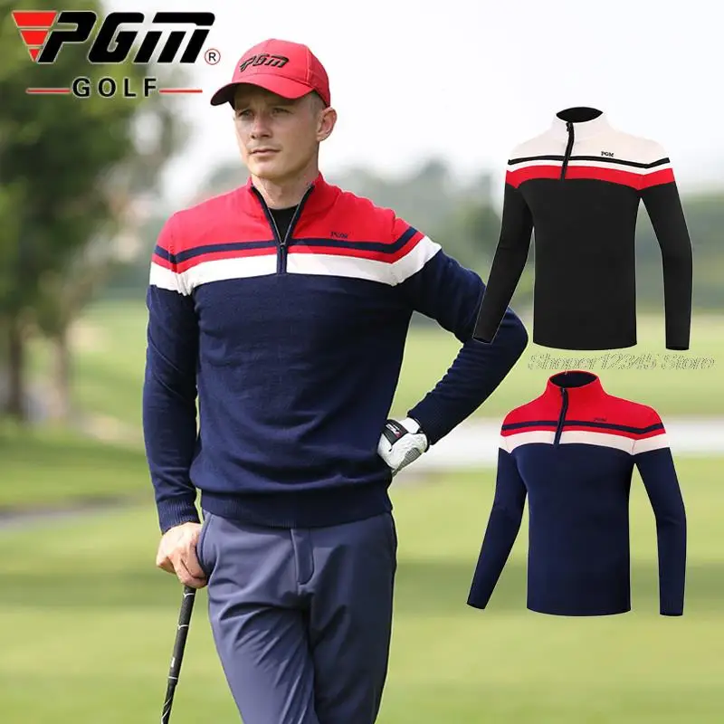 Pgm New Men Sport Full Sleeve Golf Sweater Male Striped Golf Pullover Zipper Neck Leisure Golf Shirt Man Knitted Warm Shirts